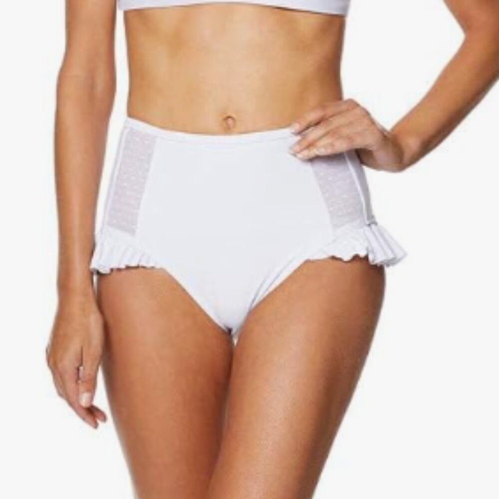 Avec Les Filles High Waist Ruffle Pant W/Mesh Panels Bikini Bottoms, White, S